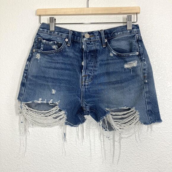 Frame Denim Shorts Womens 26 Blue Distressed High Rise Raw Hem Button Fly Denim - Picture 1 of 15